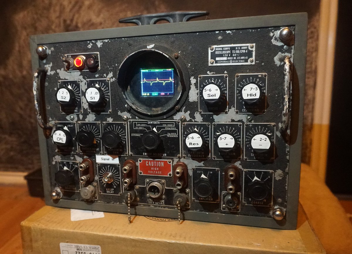 Here's my oscilloscope.  The internals are new.  All buttons/switches are wired to the originals up front.  The chassis itself is WWII-era.