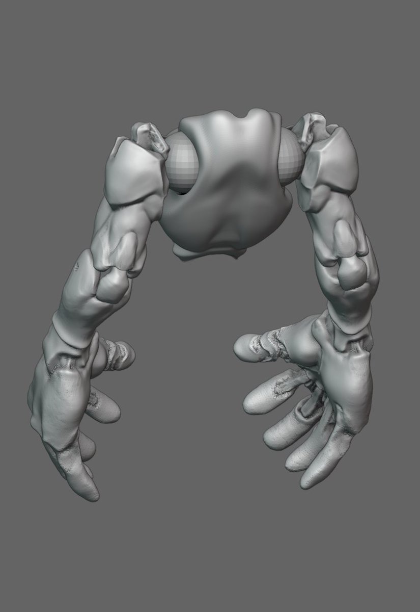 I detailed the shoulder and forearm hinge and now it has adequate moving range

I'm not sure sculpting this way saves me time tho... Here shown the body and shoulder bones are simple retopo.

Also the scale means the first finger is ~1mm wide, how can I pull it off

#b3d