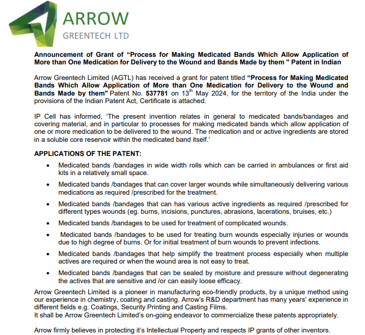 Atleast 6-7 patents got sanctioned for #ArrowGreenTech in last one year. If company can expedite monetizing these, it would start reflecting in bottomline in coming quarters. 
#Arrowgreen