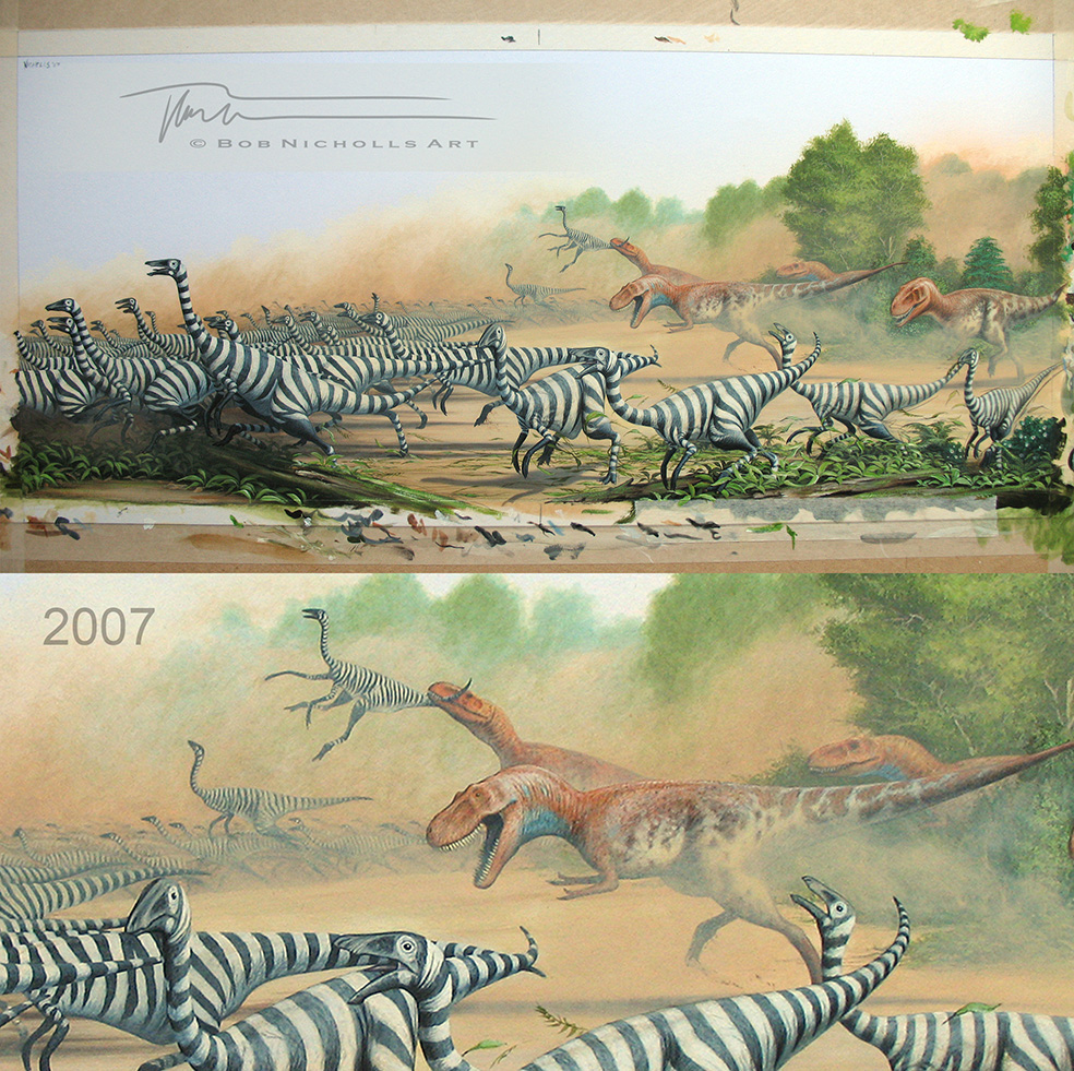 My 25 years of palaeoart chronology...

One more day of my illustrations from DINOSAUR, published by Roar in 2007. The second of three double-page spreads is Ornithomimus Vs Albertosaurus...

#SciArt #SciComm #Dinosaurs #PalaeoArt #PaleoArt
