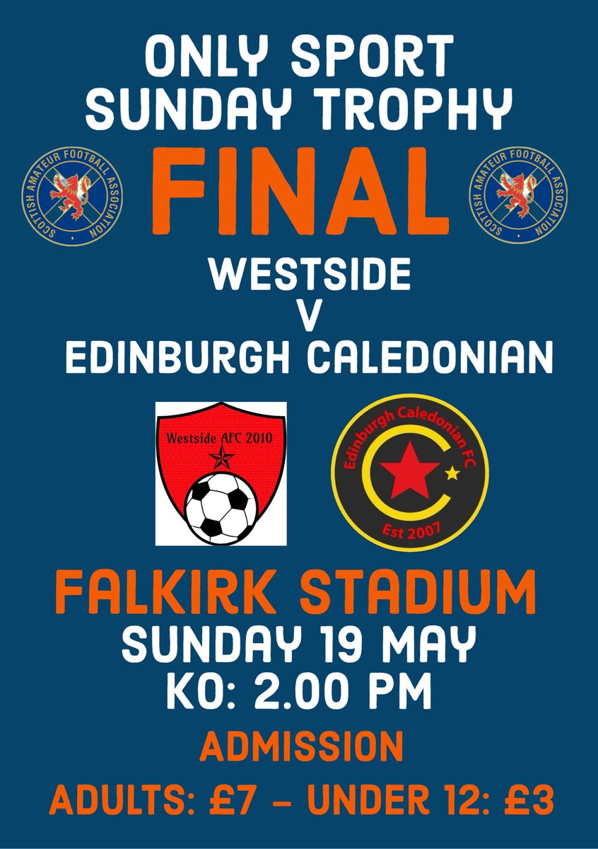 The big games just keep on coming! Sunday sees the Final of the Only Sport Sunday Trophy. In an all-Lothian & Edinburgh AFA contest, Westside face Edinburgh Caledonian at Falkirk Stadium. It should be another cracker as the sides compete for Sunday football’s top award!