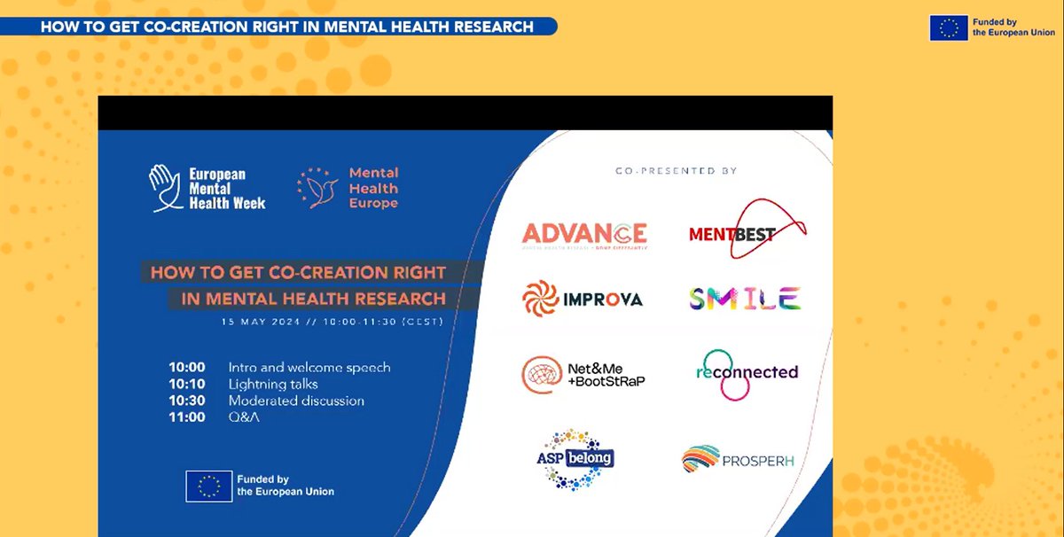 We co-hosted our 1st #jointwebinar! Panelits discussed #cocreation in #mentalhealthresearch highlighting approaches from 8 projects: @HESmile_project @eu_advance @MentBestProject @reconnectedeu #ASPbelong #BootStRaP #IMPROVA. Stay tuned for the recording and summary. @EU_HaDEA