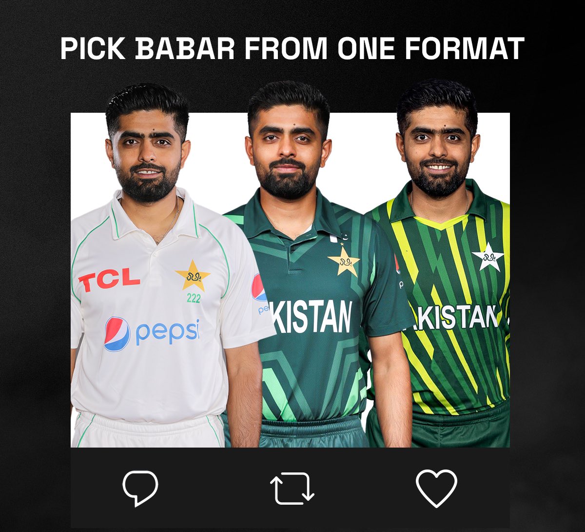 Which format Babar Azam is best? 👀🇵🇰 

- Like for T20i
- Retweet for ODI
- Comment for Test

#BabarAzam𓃵 #PakistanCricket