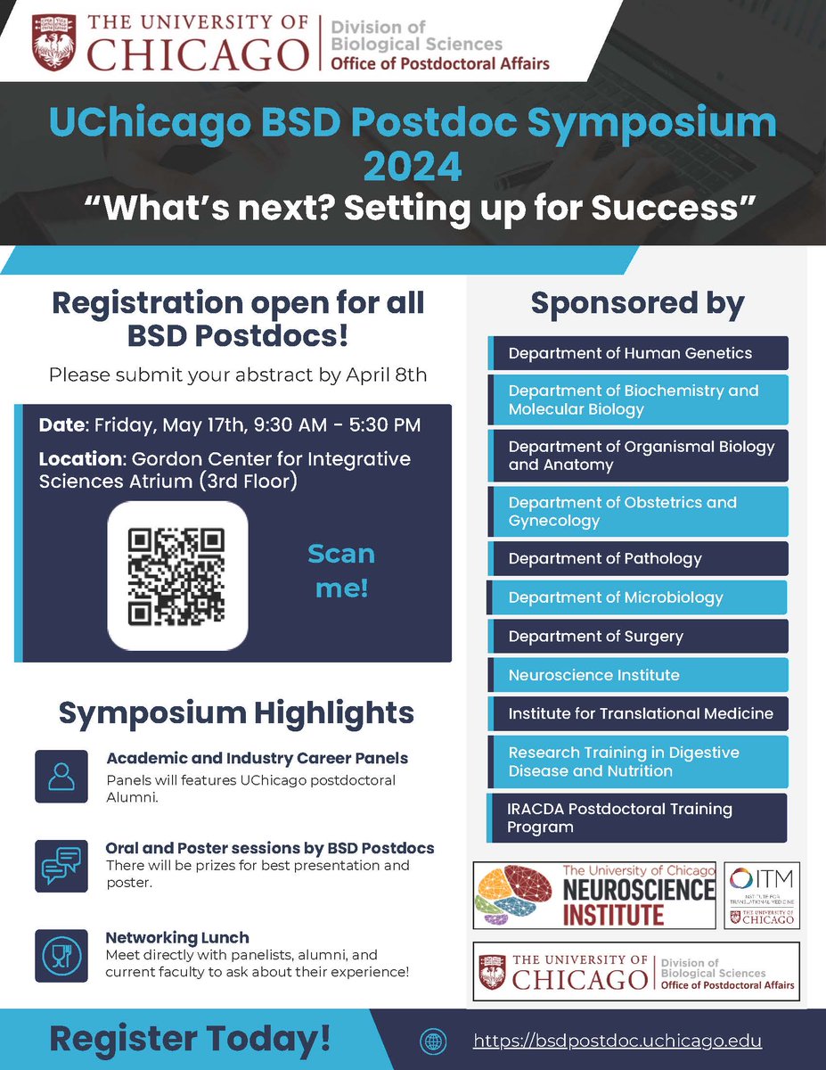 UChicago_Brains's tweet photo. The 2024 UChicago BSD Postdoc Symposium will be held this Friday, May 17th, in GCIS Atrium (3rd Floor)! 

The Symposium is titled “What’s next? Setting up for Success” and is focused on navigating the next steps in the career development of BSD postdocs. Join us! https://t.co/dqsKWBPT0P