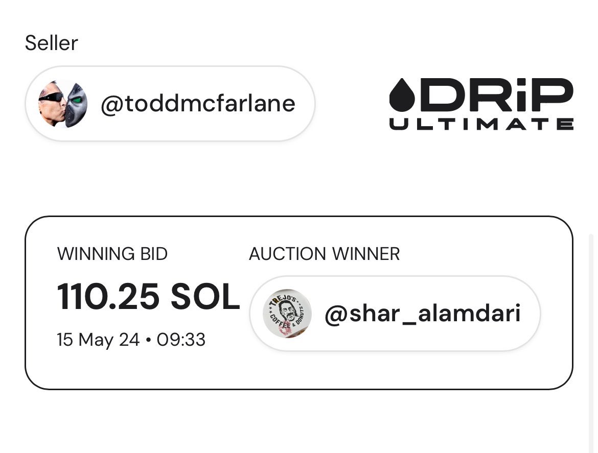SPAWN #1 ORIGINAL/DIGITAL ART AUCTION GOES FOR OVER $16,500! @Todd_McFarlane’s first ever @drip_haus ultimate 💧 Congrats to Shar, the winner of this historical piece 🎉 Todd McFarlane continues to set records on Solana