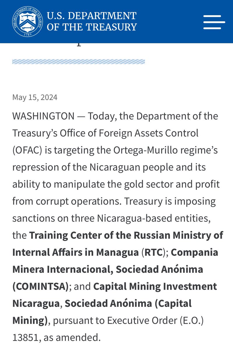 Tesoro sanciona a centro de espionaje ruso en Managua. Igualmente sancionan a dos empresas mineras asociadas al regimen que buscaban esquivar las sanciones al oro. Tesoro menciona al Chuigüín como figura detrás de estas empresas, en manos de Mansell. Además suspenden 250 visas.