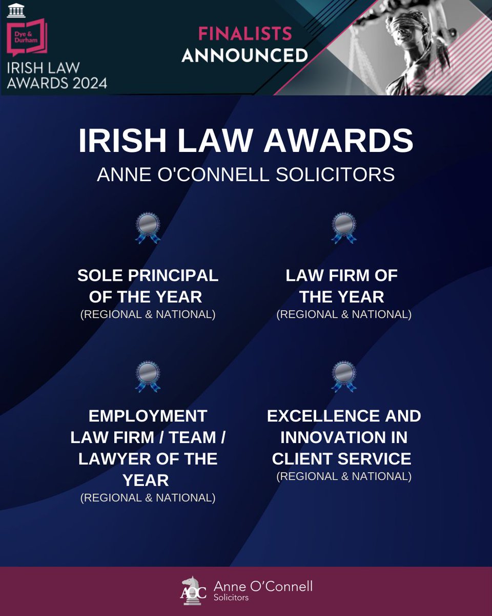 We’re thrilled and honoured to be finalists in four categories for the 2024 Irish Law Awards. 

Thanks to our amazing team and our wonderful clients.

Click here to see all the finalists
buff.ly/4ajDrxn 

#proud #EmploymentLaw #Irish LawAwards #Ireland