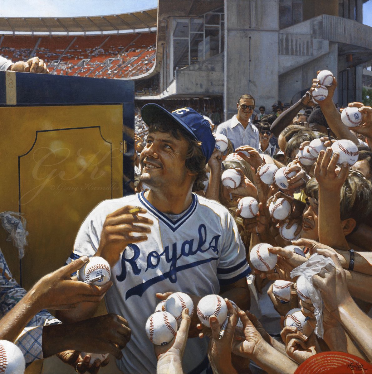 Happy 71st birthday to George Brett! Here’s my painting of him obliging fans outside Royals Stadium in 1976, based on the work of Ted Spiegel. Given the prominence of the nickname on the jersey, the connection to Lorde, and Brett’s abilities, it’s fitting to title this “Royalty.”