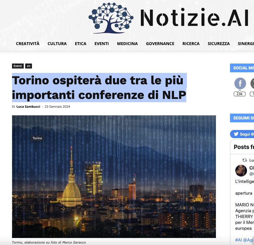 DiUniTo (@diunito) on Twitter photo #rassegnastampa Da NotizieAI : "Torino ospiterà due tra le più importanti conferenze di NLP"
I Proff. @Ginger_in_AI , Bosco e <a href="/vivi_patti/">Viviana Patti</a> sono Local Chairs di questa prestigiosa conf internazionale.
notizie.ai/torino-ospiter…
#NLProc <a href="/LrecColing/">LREC COLING 2024</a> #nlp #ai #textanalysis #linguistics #rassegnastampa Da NotizieAI : "Torino ospiterà due tra le più importanti conferenze di NLP"
I Proff. @Ginger_in_AI , Bosco e <a href="/vivi_patti/">Viviana Patti</a> sono Local Chairs di questa prestigiosa conf internazionale.
notizie.ai/torino-ospiter…
#NLProc <a href="/LrecColing/">LREC COLING 2024</a> #nlp #ai #textanalysis #linguistics