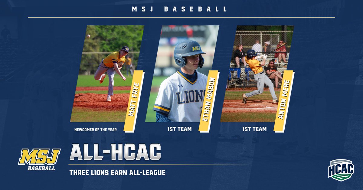 BREAKING @MSJ_Baseball lands three on @HCACDIII first-team. Matt Frye was named Newcomer of the Year and a first-team All-HCAC performer. Joining him on the first-team are Ethan Mason and Anton Mere! FULL STORY: tinyurl.com/32yps8db #DEFENDtheMOUNT