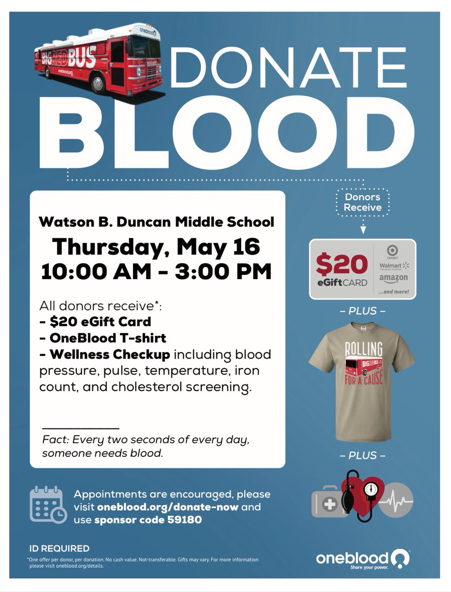 Julio Vega (@juliovegadms) on Twitter photo Blood Drive <a href="/duncan_middle/">W. B. Duncan M.S.</a> on Thursday, May 16, 10 am-3 pm, hosted by DMS Leadership Class
Please come out to the #BigRedBus
You can help save up to 3 lives with each blood donation 🩸🅰️🅱️🆎🅾️
<a href="/my1blood/">OneBlood</a> <a href="/duncanpto/">Watson B. Duncan PTO</a> Blood Drive <a href="/duncan_middle/">W. B. Duncan M.S.</a> on Thursday, May 16, 10 am-3 pm, hosted by DMS Leadership Class
Please come out to the #BigRedBus
You can help save up to 3 lives with each blood donation 🩸🅰️🅱️🆎🅾️
<a href="/my1blood/">OneBlood</a> <a href="/duncanpto/">Watson B. Duncan PTO</a>