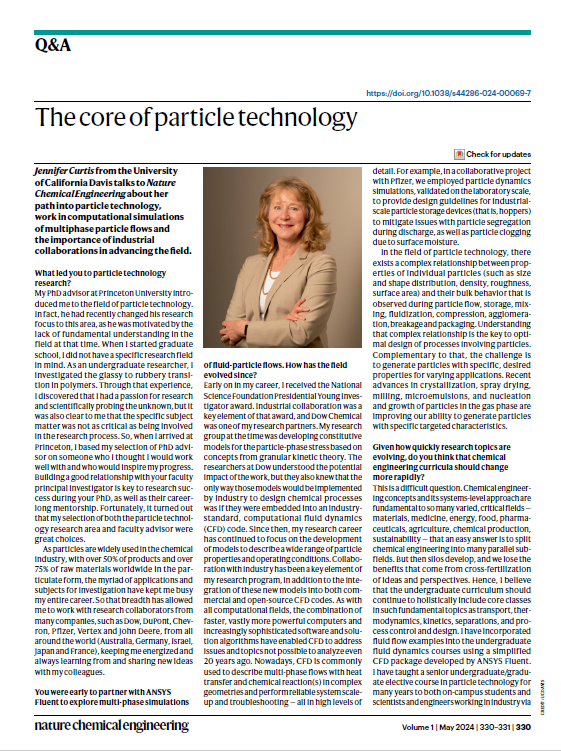 A Q&A with Jennifer Curtis from UC Davis touches on multiphase simulations of fluid-particle flows, teaching and mentorship, and the importance of industrial collaborations in advancing the field. Temporary access link here: rdcu.be/dH1iK