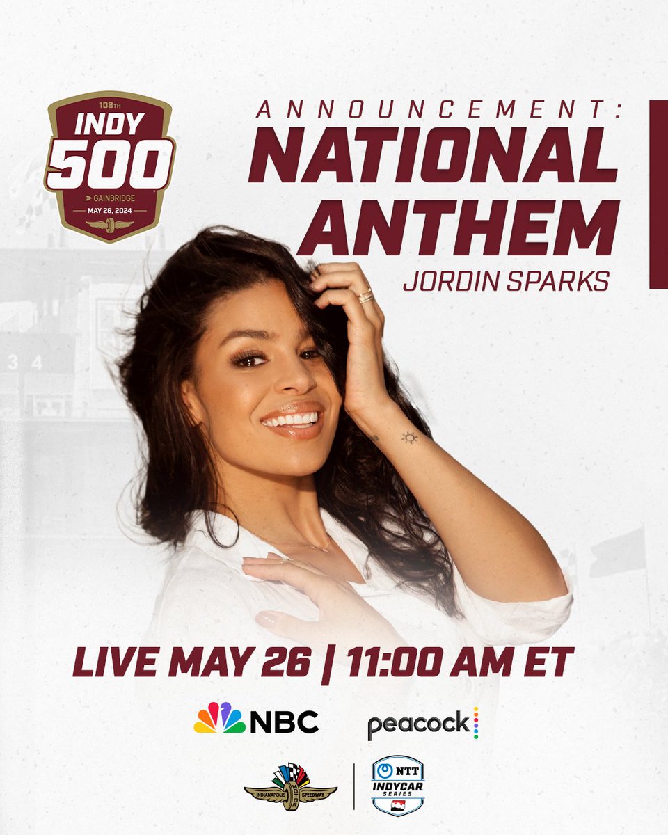 Sparks will fly at the #Indy500 Grammy-nominated, multi-platinum artist @jordinsparks returns to 'The Greatest Spectacle in Racing' to perform the national anthem on Sunday, May 26! #ThisIsMay | #INDYCAR