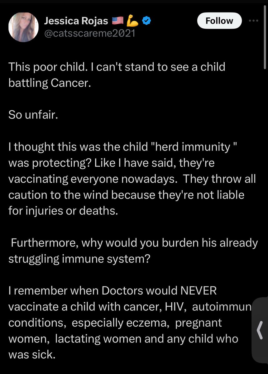 Jess is offering wrong takes and spreading dangerous misinformation per usual 

Those on chemotherapy or immunosuppressed for other reasons are at higher risk from viral infections 

I took out the child’s picture, I will not use his photo for a stunt 

Gross

#VaccinesSaveLives