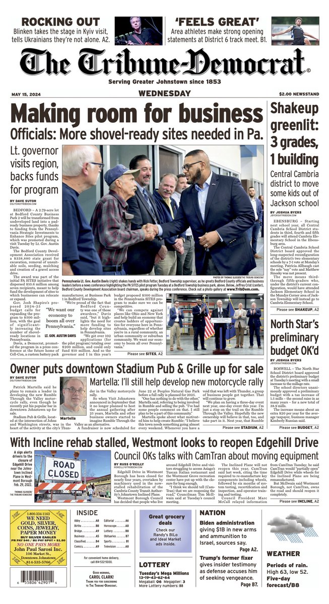 Today's Johnstown Tribune-Democrat front page: @LGAustinDavis on creating jobs and growing PA's economy 'We can build an economy that creates ladders of opportunities for everyone in PA... whether you're in a rural community, an urban community, or a suburban community.' 🇺🇸