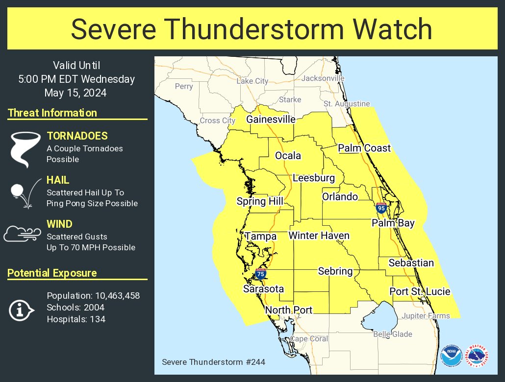 A severe thunderstorm watch has been issued for parts of Florida until 5 PM EDT