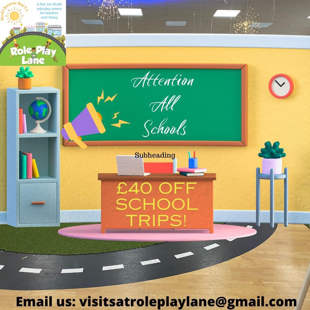 🏫Tag a school! 

😀We have exciting news! We can now offer a discount of £40 off our school trips thanks to funding! 

📆This is valid for a whole year starting now until April next year so get your school trips booked in ASAP! 

💻Email us: visitsatroleplaylane@gmail.com