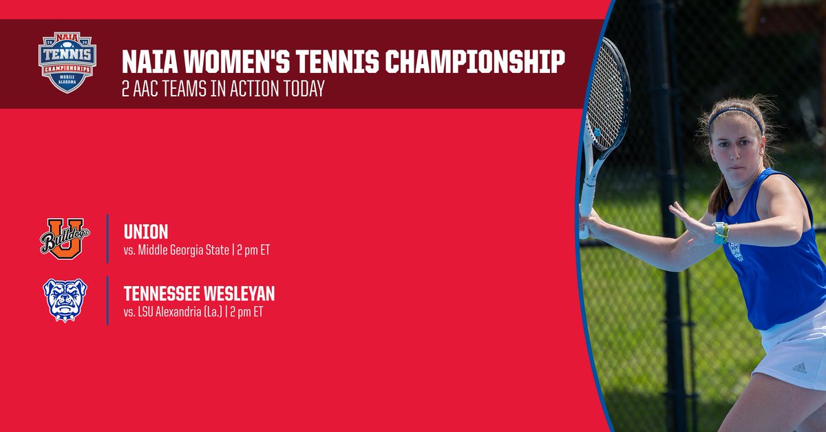 🎾ROUND OF 16

2 #AACWTEN teams are in action today in the second round of the #NAIAWTennis National Championship

No. 12 @UnionBulldogs 🆚 Middle Georgia State
No. 6 @twbulldogs 🆚 LSU Alexandria

Both matches are set to begin at 2 pm ET

#ProudToBeAAC