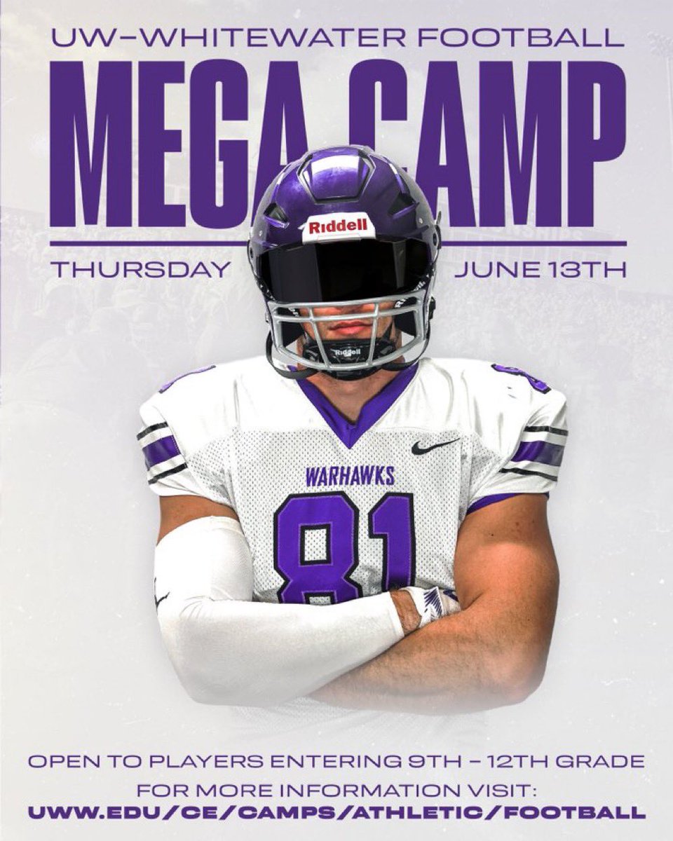 🚨 UW-Whitewater Football Mega Camp 🗓️ June 13th 🏈 The best scholarship programs in the Midwest will be in attendance. (Closing in on 50 schools.) ⌨️ Sign-up today: uww.edu/ce/camps/athle… Don’t miss your chance to compete!