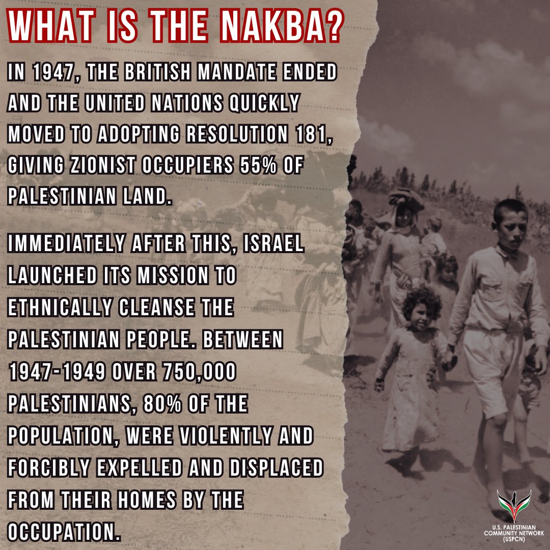Today, May 15th, marks the 76th commemoration of the #Nakba, where over 750,000 Palestinians were forcibly displaced from their homes by the Israeli occupation. Read this thread to learn more about #NakbaDay #FreePalestine