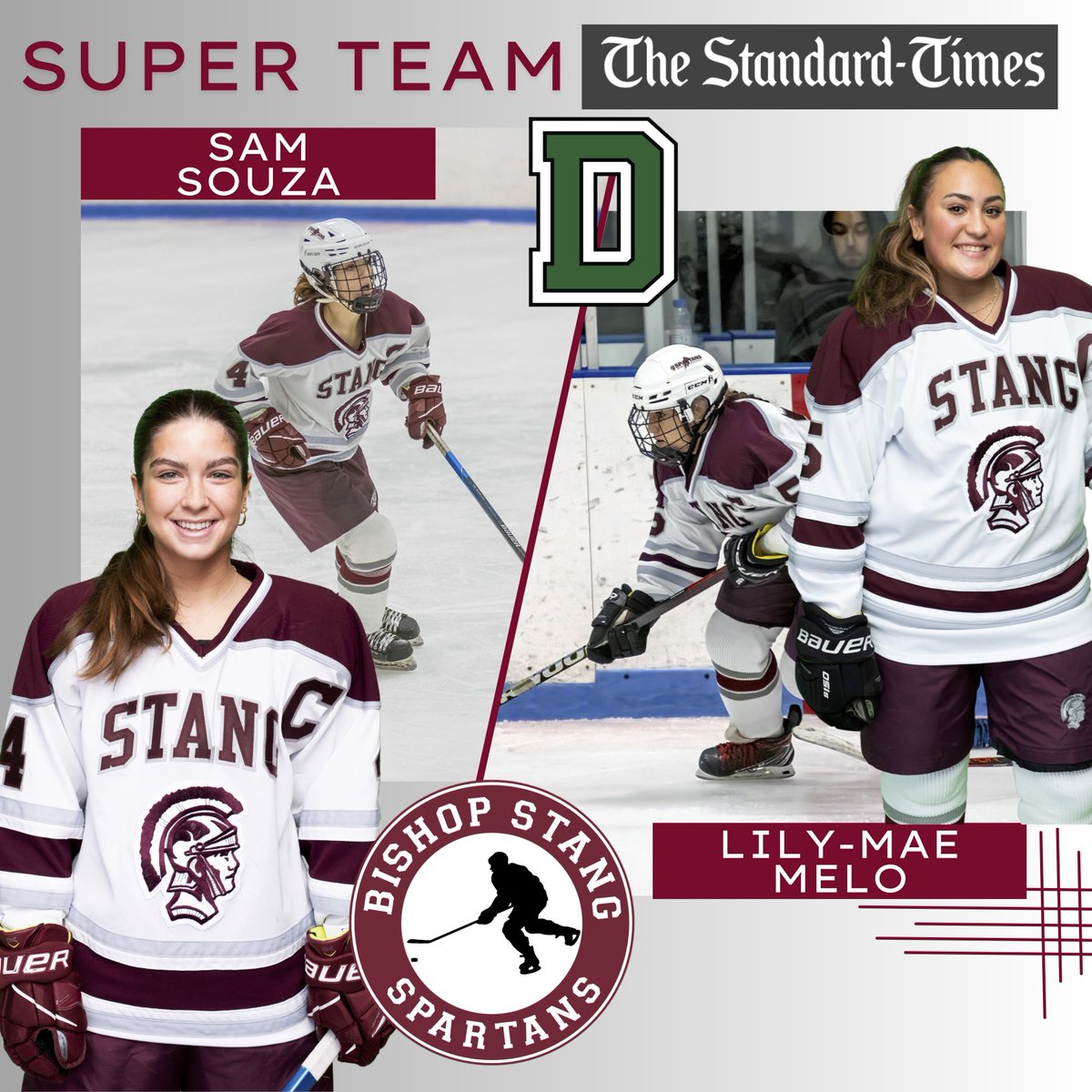 HUGE congrats to Seniors Sam Souza and Lily-Mae Melo on being named to the Standard Times Super Team for Girls Hockey! Both Sam and Lily come to us from Dartmouth High as part of our co-op team, and we have been extremely fortunate to have them! Congrats girls!! @SC_Varsity