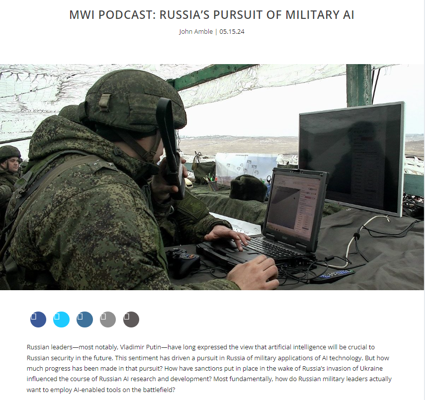 My @WarInstitute podcast with @johnamble about my recent @CNASdc report on Russian AI is out - please check it out! mwi.westpoint.edu/mwi-podcast-ru…