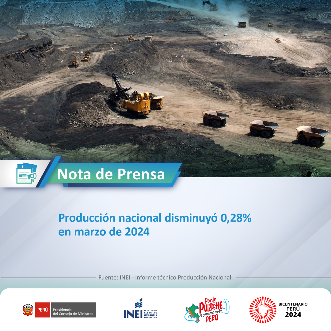 #NotaDePrensa | En marzo del presente año, la producción nacional disminuyó 0,28% en comparación con el mismo mes de 2023.

📰 Nota de prensa: bit.ly/3wME70q
📊 Informe técnico: bit.ly/3ULtymv
