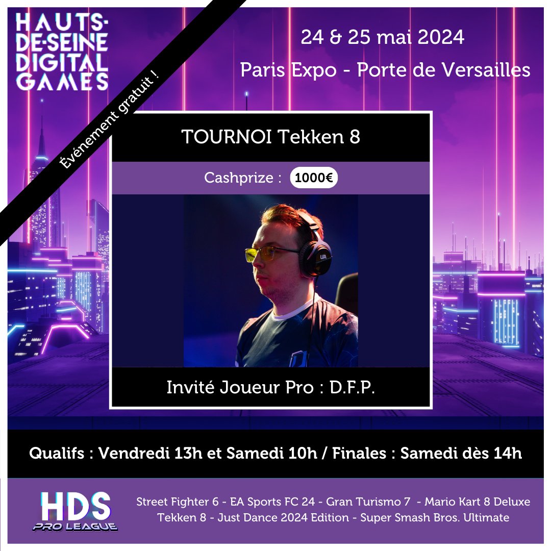 DigitalGames92's tweet photo. Venez affronter @dougfromparis, Joueur professionnel Tekken 8, Top 3 FR, et Top 5 au Challenger Event Européen du Tekken World Tour 2024, au tournoi #Tekken8 de la HDS Pro League, lors du festival Hauts-de-Seine Digital Games, les 24&amp;25 mai ! Entrée gratuite, le lien est en bio ! https://t.co/f3bP6ZqjPq