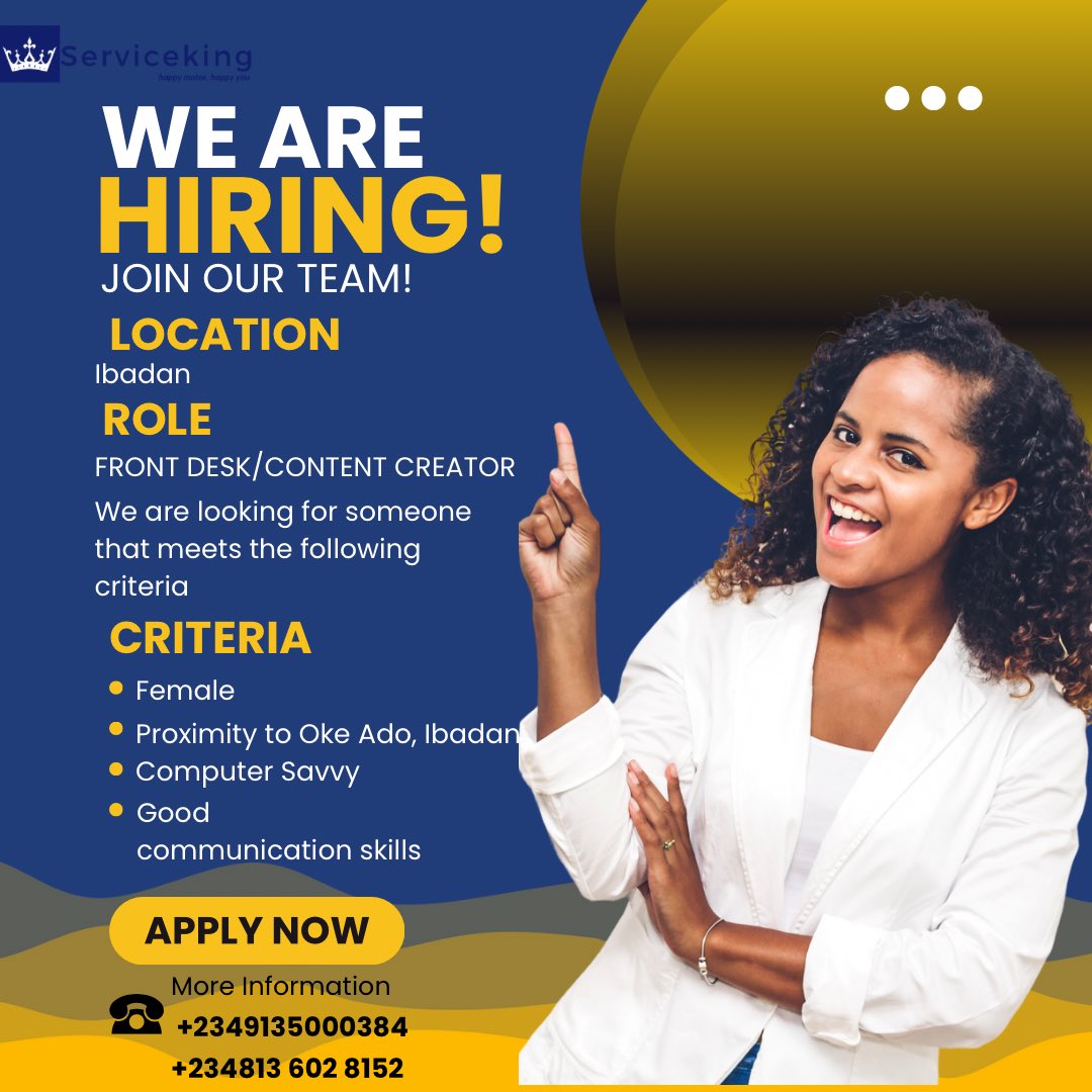 We are seeking an organized, detail-oriented, talented office administrator with outstanding communication skills to join our team. 

Note: The person must be able to create content to share across our social media platforms.

#hiring  #vacancy #serviceking #servicekingnigeria