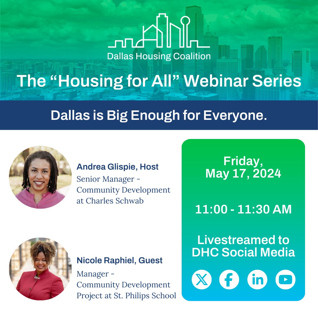 This Friday at 11:00 AM, watch the next episode of the “Housing for All” Webinar Series hosted by DHC board member Andrea Glispie of @charlesschwab! This week, she's joined by Nicole Raphiel of St. Philip's School and Community Center. Visit the DHC's social channels to tune in!