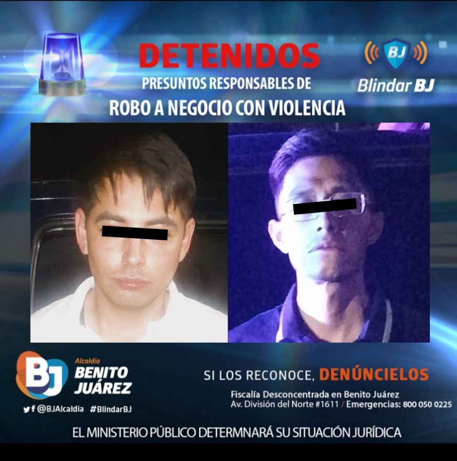 🚨El Equipo de Proximidad #BlindarBJ detuvo a dos sujetos por robo a negocio con violencia en Avenida Cuauhtémoc, Piedad Narvarte. 🚔