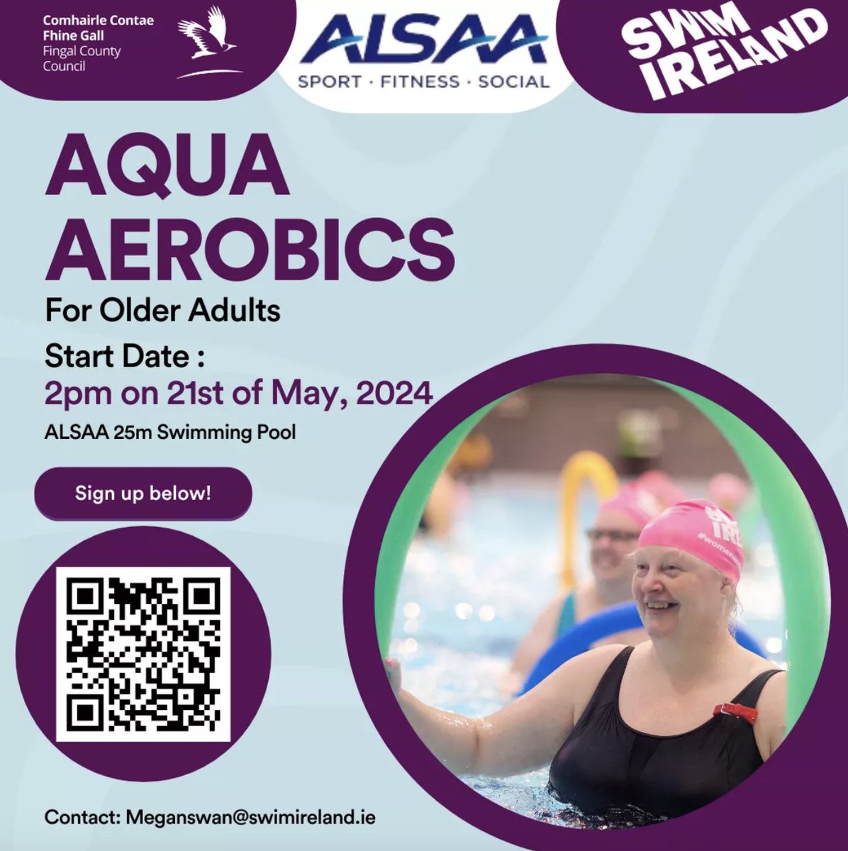 Dive into a healthier you with our 8-week Aqua Aerobics Program for Older Adults at the ALSAA 25m Swimming Pool starting on May 21! 🕐 2pm-3pm on Tuesdays 📍 ALSAA 25m Swimming Pool 🗓️ 8 weeks, May 21 to July 9 👇 eventmaster.ie/event/Bkvrc23c… @swimireland @fingalcoco @sportireland