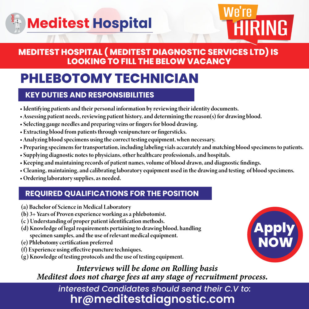 Be a Hero with a Needle! We're Hiring Phlebotomists! 
Do you have a passion for helping others and a gentle touch?
We're looking for skilled and compassionate Phlebotomists to join our team!
#kshs #aoko #paye #obinna #sudi #motorvehicle #kuriakimani #hiringalert #ikokazike
