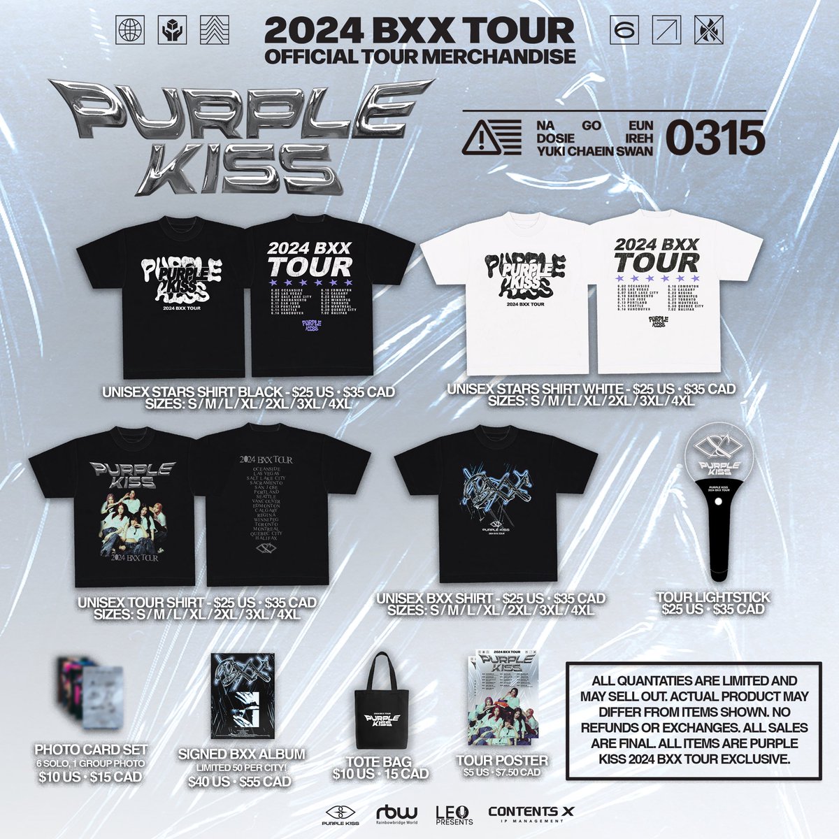 PURPLE KISS 2024 BXX TOUR 😈

[Official Tour Merch] @RBW_PURPLEKISS

These items are exclusive and will only be available for those attending the 2024 BXX TOUR.

#퍼플키스 #PURPLE_KISS 
#PURPLE_KISS_BXX_TOUR