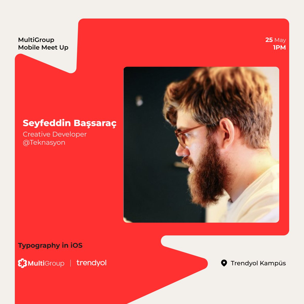 MultiGroup (@devmultigroup) on Twitter photo MultiGroup Mobile Meet Up’ın ilk konuşmacısını duyurmaktan mutluluk duyuyoruz🌟
Teknasyon şirketinde Creative Developer olarak çalışan Seyfeddin Başsaraç(<a href="/seyfoyun/">Seyfeddin Bassarac</a> ), ”Typography in iOS” sunumu ile sahnede yerini alacak🎉
Kaçırmamak için biletini almayı unutma💫
#dmgmeetup MultiGroup Mobile Meet Up’ın ilk konuşmacısını duyurmaktan mutluluk duyuyoruz🌟
Teknasyon şirketinde Creative Developer olarak çalışan Seyfeddin Başsaraç(<a href="/seyfoyun/">Seyfeddin Bassarac</a> ), ”Typography in iOS” sunumu ile sahnede yerini alacak🎉
Kaçırmamak için biletini almayı unutma💫
#dmgmeetup