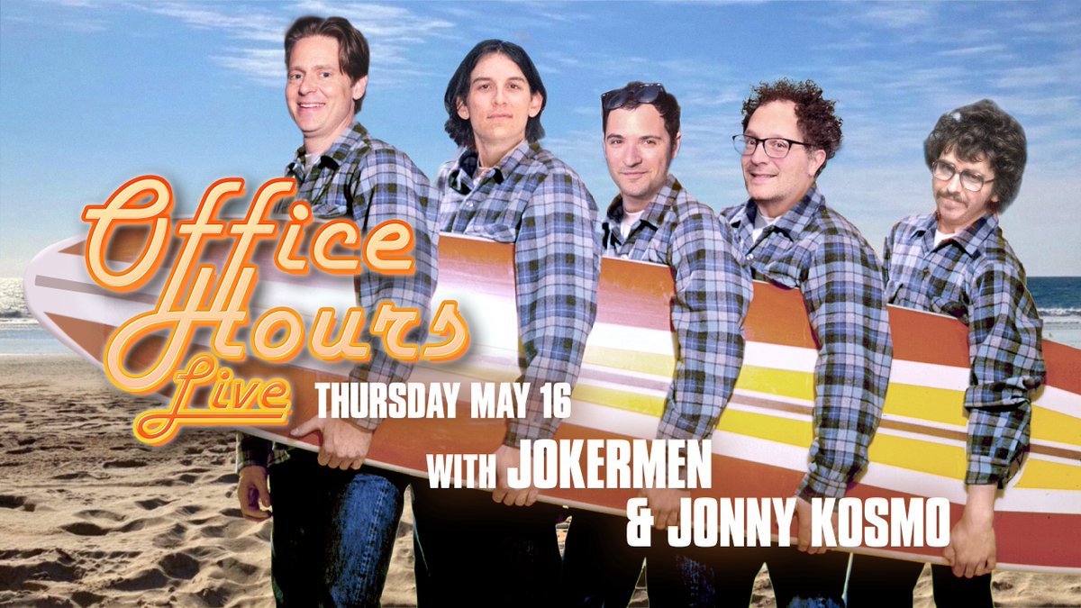 Slap on your favorite Pendleton shirt and grab a root beer because the @JokermenPodcast is joining us to talk about the Beach Boys, and then @JonnyKosmo will grace us with a classic Beach Boys song! Tune in LIVE tomorrow Thurs. 5/16 at 10am PT (1pm ET) at youtube.com/officehourslive