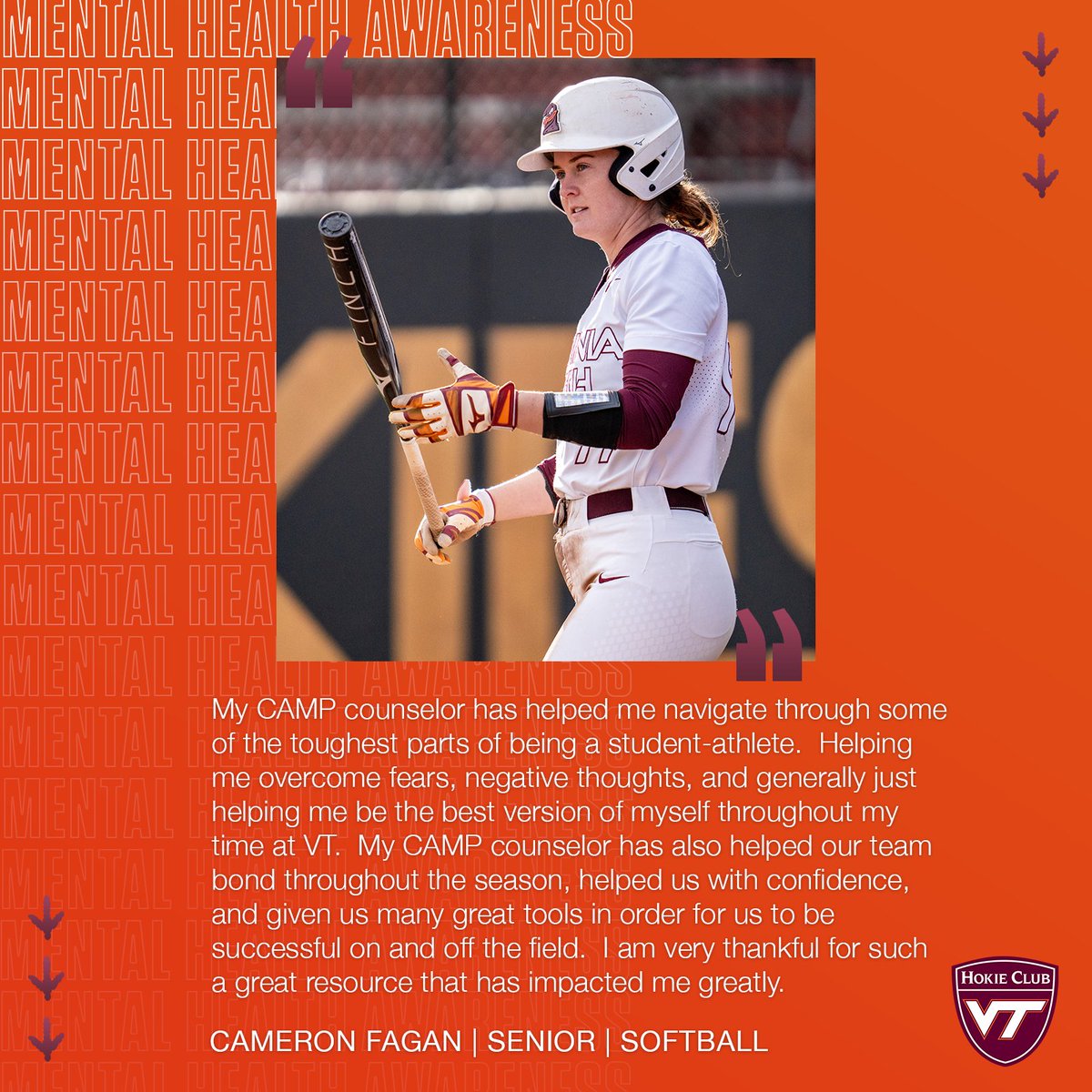 'A great resource that has impacted me greatly.' Senior infielder Cam Fagan has utilized counseling resources with Sport Psych to improve her mental health during her time in Blacksburg. Support CAMP: vthoki.es/XUu43