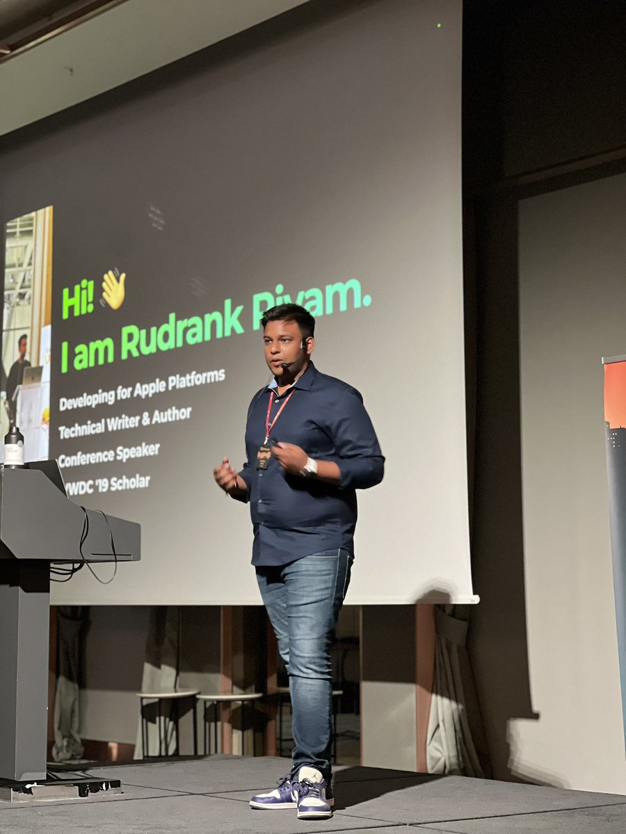 iOSKonf's tweet image. We are all 👂🏼when it comes to @rudrankriyam’s talk on his journey of building a personal branding. 
Connecting all the dots, starting from the beginning. 😻

#iOSKonf