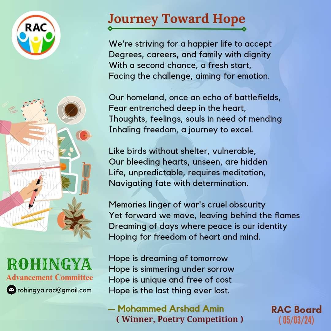 author_arshad's tweet photo. Here's my winning poem in the Poetry Competition of " @ro_committee "_ titled “Journey Toward Hope,”a moving and evocative poem. My memory makes me hungry to write poetry.
_ @author_arshad
#JourneyTowardsHope
#EmbracingChange
#HopefulHeart
#WarriorsOfHope
#DreamingofPeace https://t.co/G4bnsiqzzk