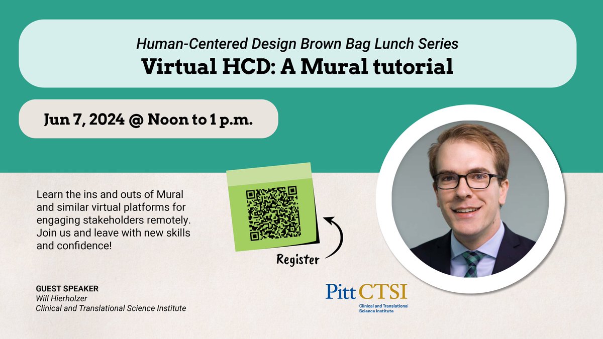 PittICRE's tweet image. 🎉 Happening TODAY at noon! Don't miss our #HumanCenteredDesign Brown Bag Lunch with @PittCTSI's @WillHierholzer. Learn to ace stakeholder engagement using Mural &amp;amp; similar virtual #HCD platforms.

Register now: pitt.zoom.us/meeting/regist… #VirtualCollaboration