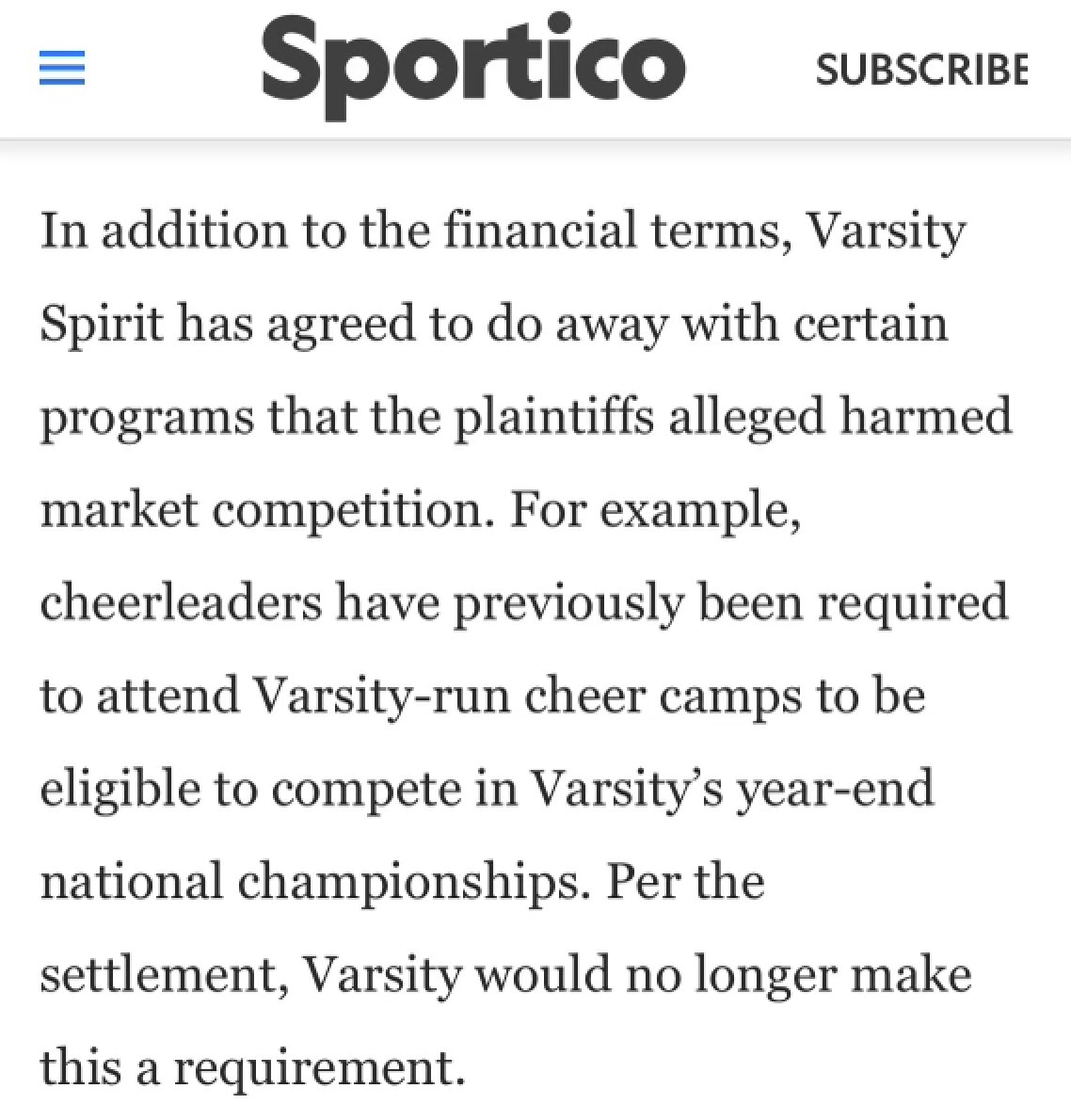 Happening Now. As part of the most recent settlement, @VarsitySpirit is forced to concede on requiring athletes to attend a Varsity-run cheer camp in order to earn eligibility to compete in their year-end National Championships. This will deal a blow to the revenue and control