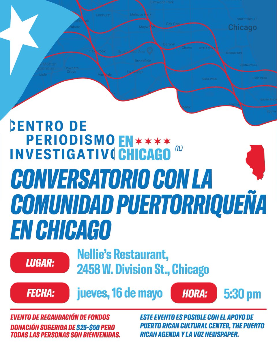 ¿Vives en Chicago o conoces a alguien que viva allí? Te invitamos a encontrarnos mañana jueves, 16 de mayo a las 5:30 p.m. en el restaurante Nellie's de Humboldt Park, Chicago. Una oportunidad para dialogar sobre los temas que afectan a la comunidad puertorriqueña en Chicago.