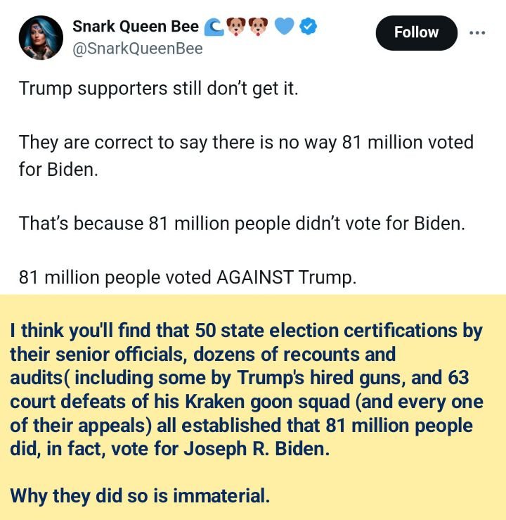 @SnarkQueenBee We may dislike people who lie, cheat, defraud, abuse, rant, gibber, fumble, track toilet paper, and commit crimes like extortion & attempted coups.

Whether or not we like them is beside the point. Every one of those flaws is enough to signal that Mr Trump is #UnfitForOffice.