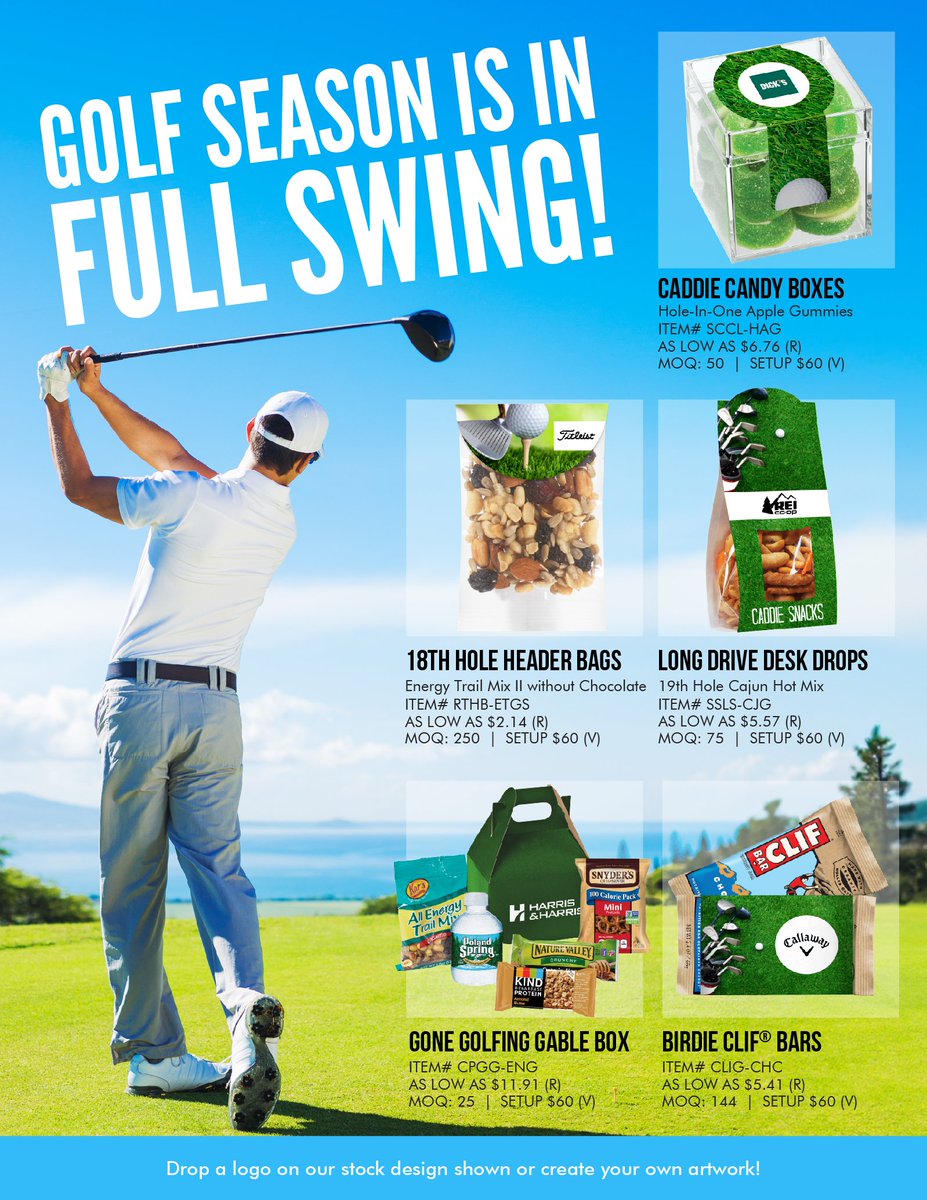 Fore!! #Golf season is in full swing 🏌and we've got the #customizable #snacks 😋 to keep everyone on their A-game ⛳️ Hand them out at the #golfcourse 🏞 at your #office 🏦 and encourage them to come visit your business again and play a round on the green 🤜🤛