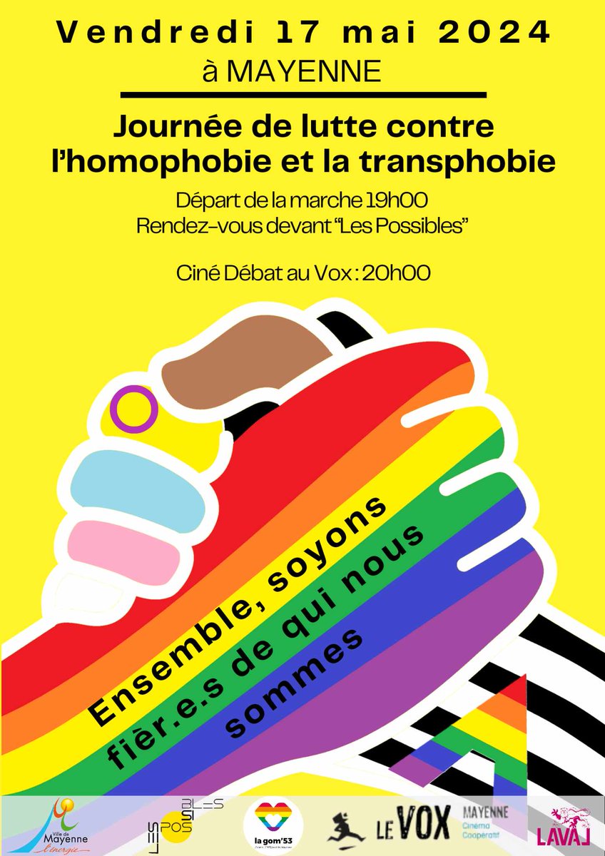 A l'occasion de la Journée Mondiale de Lutte contre #homophobie et #transphobie, rdv ce 17 mai devant @LesPossibles53  pour prise de parole et déambulation dans les rues de @Mayenne_Ville , qui nous emmènera au @levoxmayenne pour un ciné débat autour du film : DANS LA MELEE 🏳️‍🌈🏳️‍⚧️