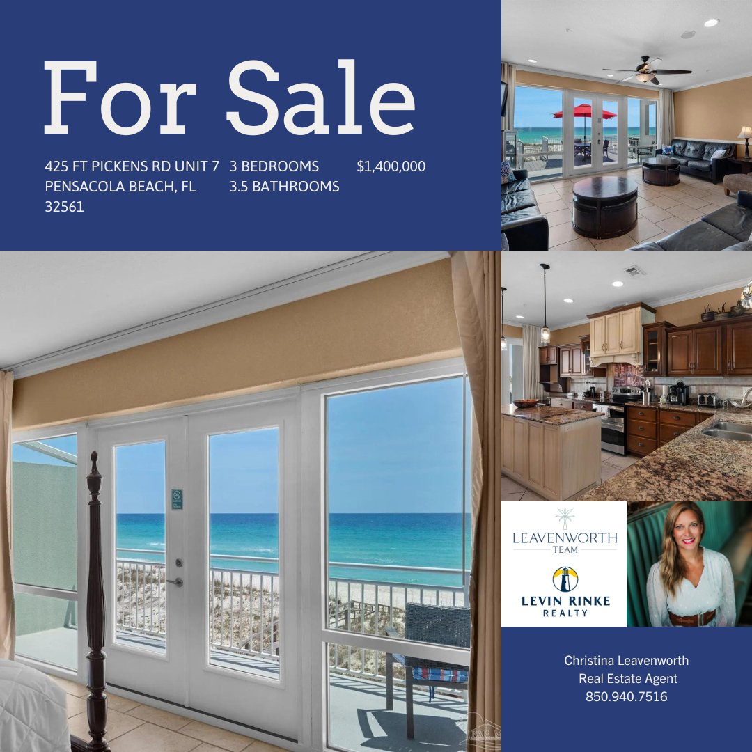 Stunning 3-bed, 3.5-bath Gulf front property near Peg Leg Petes & Fort Pickens. Private beach access, balcony with beach views. Open living, dining, chef's kitchen with granite island.  #pensacolabeach #floridarealestate #pensacola #movetopensacola #movetothebeach  #realestate
