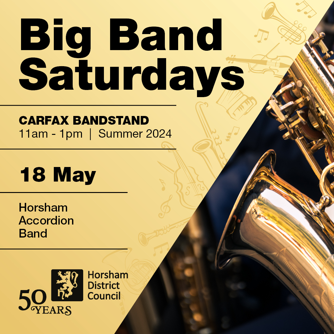 This weekend Horsham Accordion Band are coming to our Big Band Saturdays! 🎶 Big Band Saturdays run every Saturday until September on the Carfax Bandstand and feature fantastic music from a range of talented ensembles from across the District. Schedule: orlo.uk/T8JuX