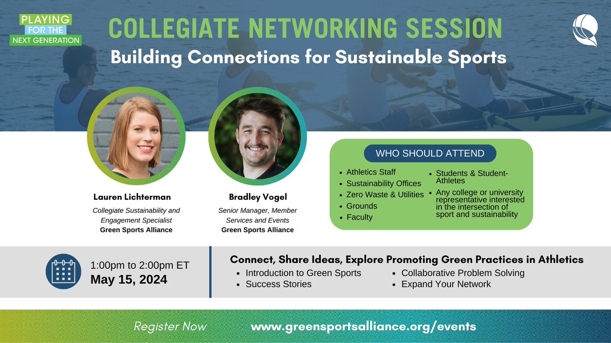 TODAY! 📆 Learn from #GreenSportsAlliance Collegiate Sustainability and Engagement Specialist, Lauren Lichterman, and Senior Manager, Member Services and Events, Bradley Vogel, today from 1-2 PM ET. ⏰ ⭐ Register now at greensportsalliance.org/event/virtual-… #ClimateAction #GreenSports