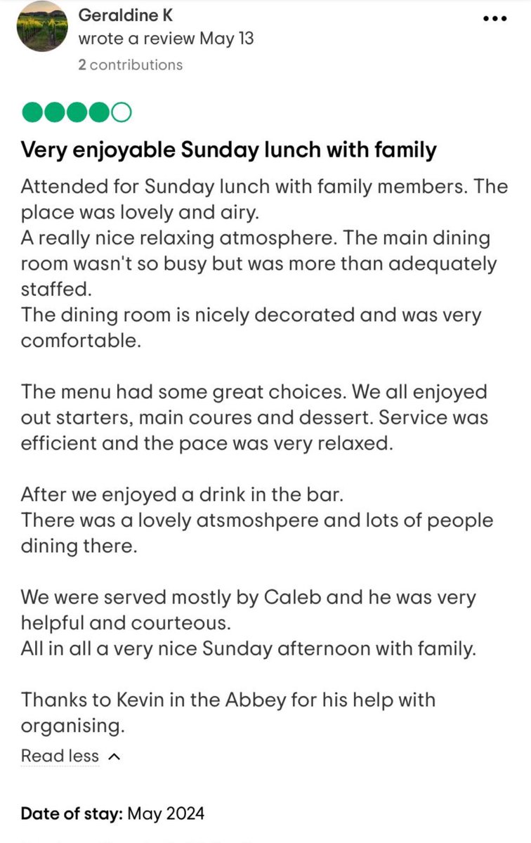 REVIEWS Sharon We had my son’s confirmation here & from start to finish it was a fantastic experience. The food was amazing the staff were so polite and helpful. My son was made to feel very special throughout the day. It was such a relaxed atmosphere, will definitely be back!