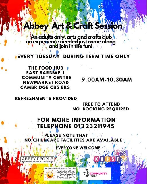 🎨@AbbeyPeople invites you to Arts & Crafts sessions for adults! There, you can relax, engage in arts and crafts, and meet friends. 📆 Every Tue (term time only) 🕖 9am -10.30am 🗺️ #EastBarnwell Community Centre, Newmarket Rd, #Cambridge CB5 8 🆓 Free & open to all #Wellbeing